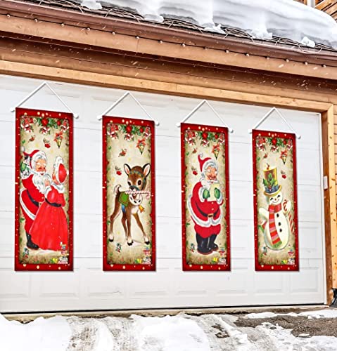 Large Set of 4 Vintage Christmas Decorations Santa Claus Stretching Portraits - Outdoor Vinyl Christmas Backdrop Poster for New Year Indoor Outside Front Garage Door