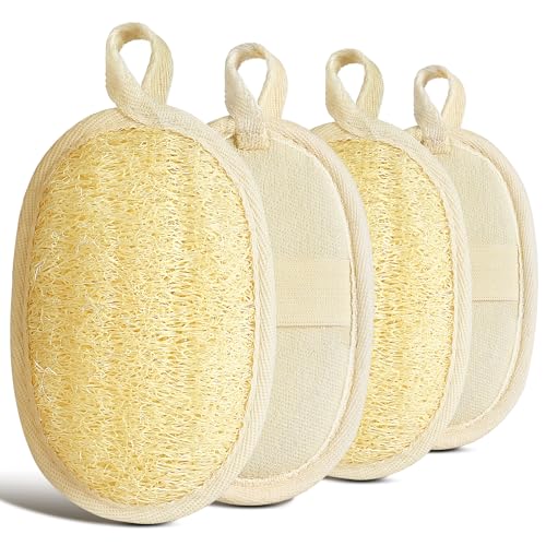 AOOWU Purificador Exfoliante Corporal de Esponja de Lufa Natural, 4 Piezas Lufa Orgánicas para Hombre y Mujer, Compostable Protección del Medio Ambiente Natural para Cocina, Baño y Camping(9X14CM)