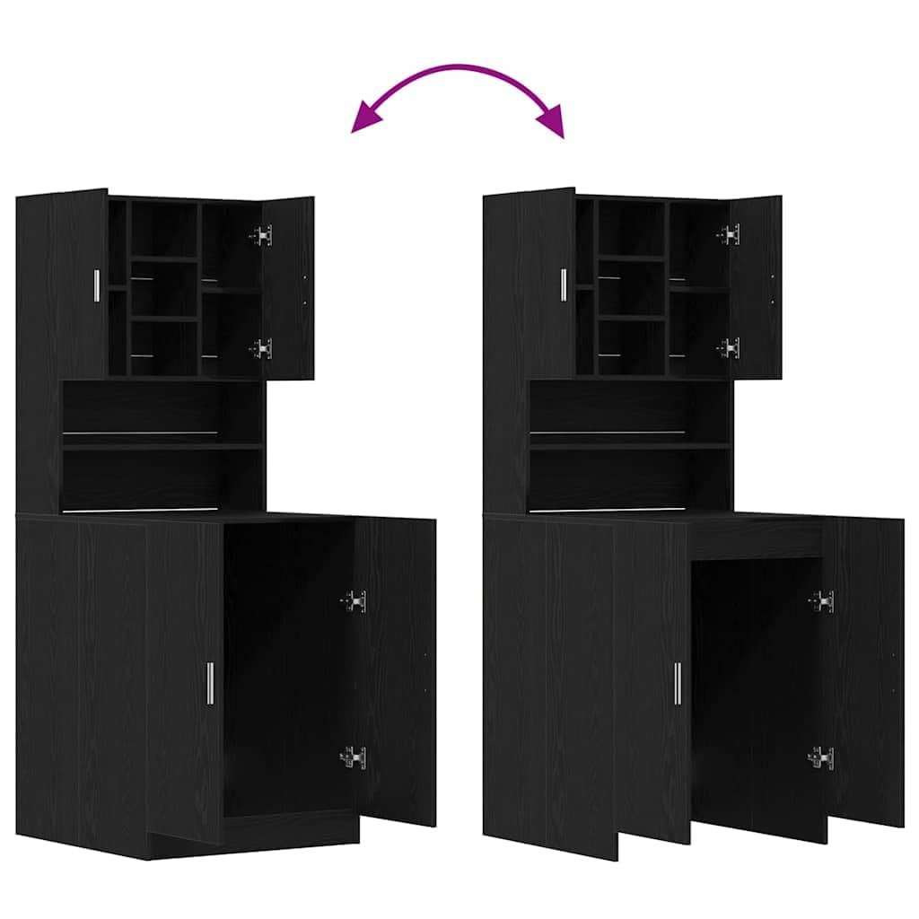 Waschmaschinen-Schrank 2er Set Schwarz Eichen-Optik, Holzwerkstoff 70,5x71,5x181,5 cm, Stauraum für Waschmaschine und Trockner, praktisches Untergestell mit modernem minimalistischen Design