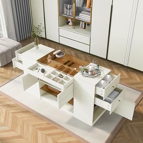 TINIMONI Modern Luxury Island Dresser, Versatile Vanity Table with Glass Tabletop, Display Shelf, 6 Drawers for Walk-in-Wardrobe and Bedroom, Cream White Cover
