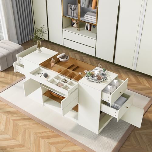 Image of Modern Luxury Island Vanity Dresser, Multi-Functional Vanity Table with 6 Drawers and Open Shelves, Glass Tabletop, Display Shelf, Jewelry Storage Tray for Walk-in-Wardrobe