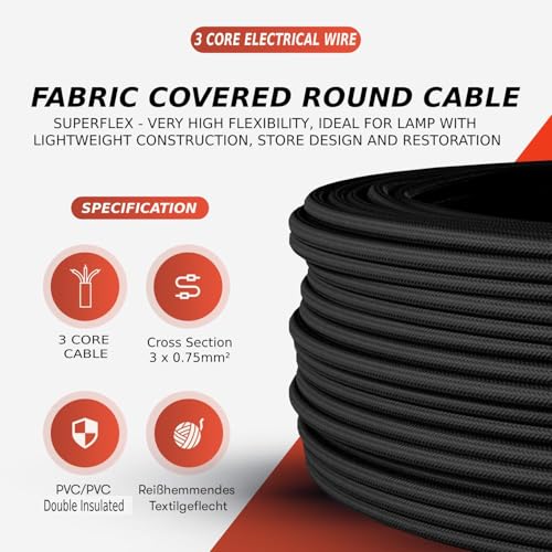 Image of LEDSone Black 18 AWG Fabric Covered Electrical Wire 32.8ft 3 Core Round Cloth Braided Lamp Cord 7mm Flexible Copper PVC Cable for Pendant Lights Chandeliers DIY Rewiring Indoor Projects