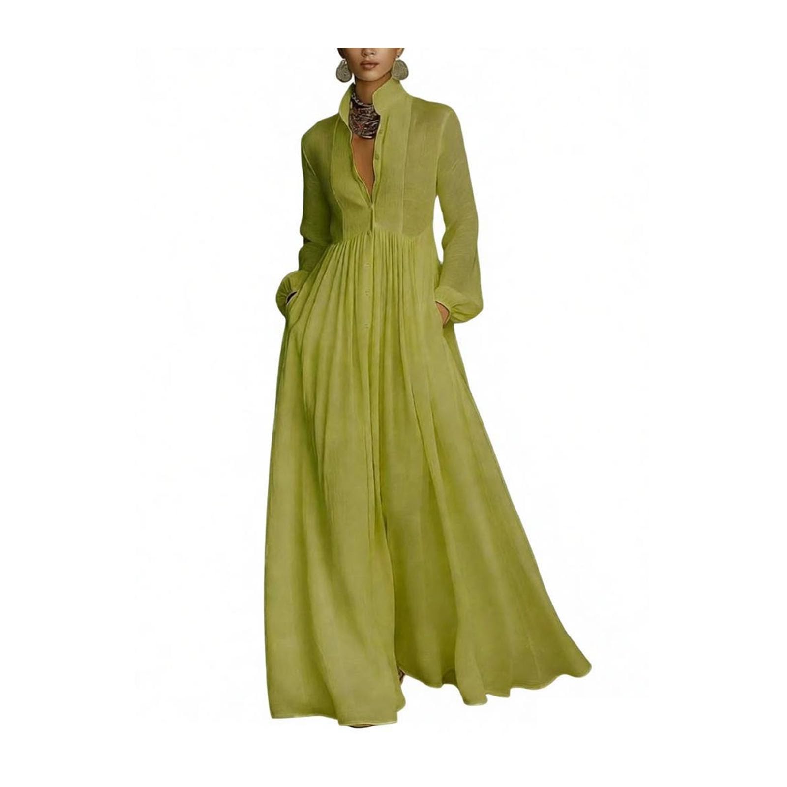 Abito Lungo Casual con Bottoni Vestito Boho Collo alla Coreana