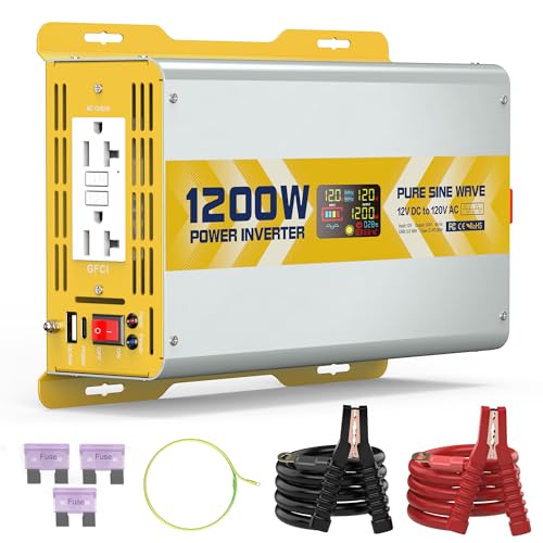 Image of XWJNE 1200W Pure Sine Wave Power Inverter 12V DC to 120V GFCI AC Converter with LCD Display for Home, RV, Truck, Off-Grid Solar Power