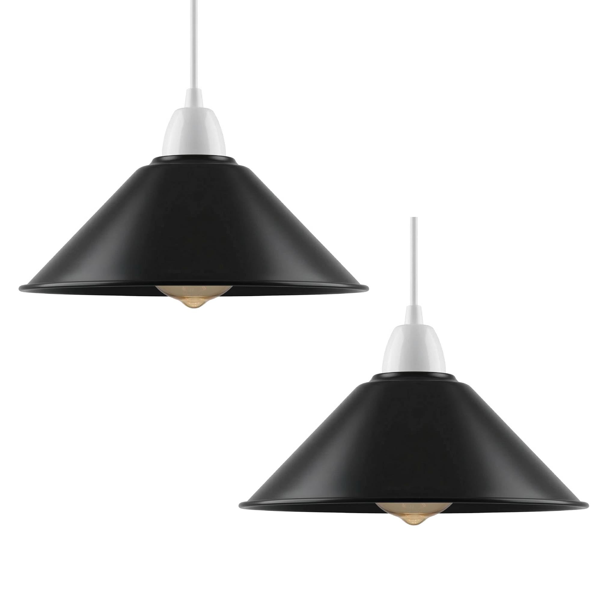 DC VOLTAGE Black Metal Cone Lampshade 22cm Easy Fit E27 Pendant Light Shade, 2 Pack Replacement Ceiling Lamp Shades with Reducer Plate for Kitchen Island, Dining Room, Hallway, Bedroom, Living Room