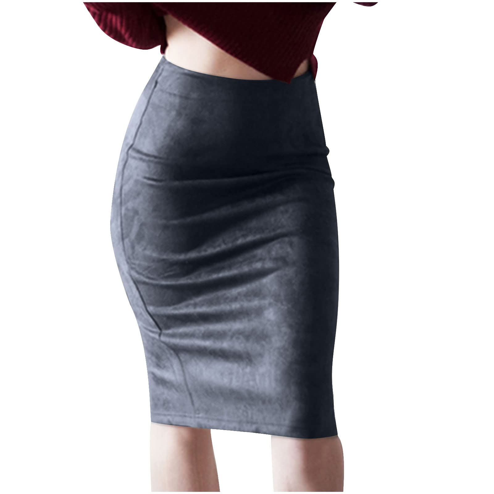 Suede Bodycon Pencil Skirt for Women Slim Office Work Business Casual Knee Below Skirt Prom Night Party Hip Skirts