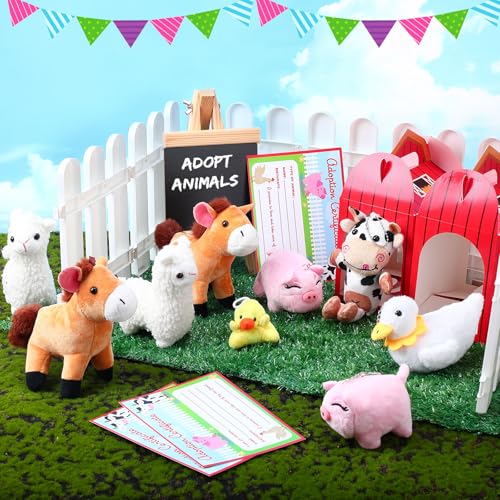 Blueweenly 84 Pcs Adopt a Pet Party Supplies 24 Mini Animals 10 White Plastic Fence 24 Paper Gift Boxes 24 Adoption Cards with Mini Chalkboard and Artificial Lawn(Farm Animals)