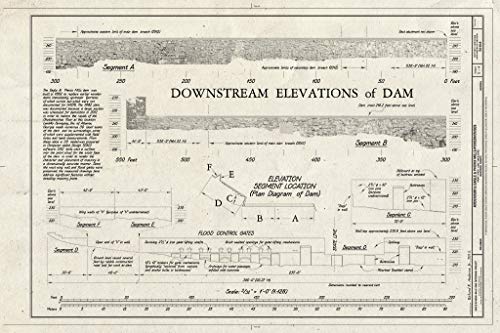 Historic Pictoric : Blueprint Downstream Elevations of Dam, Elevation Segment Location - Eagle & Phenix Mills, Dam, Front Street (1200-1300 Blocks), Columbus, Muscogee County, GA 36in x 24in