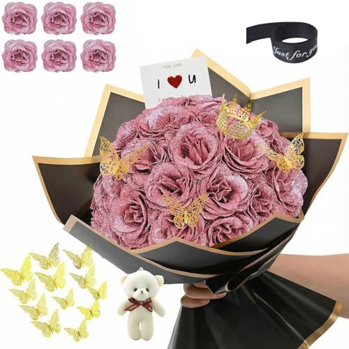 Husenic Glitter Roses Bouquet DIY Fake Glitter Flowers Bouquet Everlasting Shiny Artificial Red Rose Bouquet Anniversary Engagement Wedding Pink 12 Roses