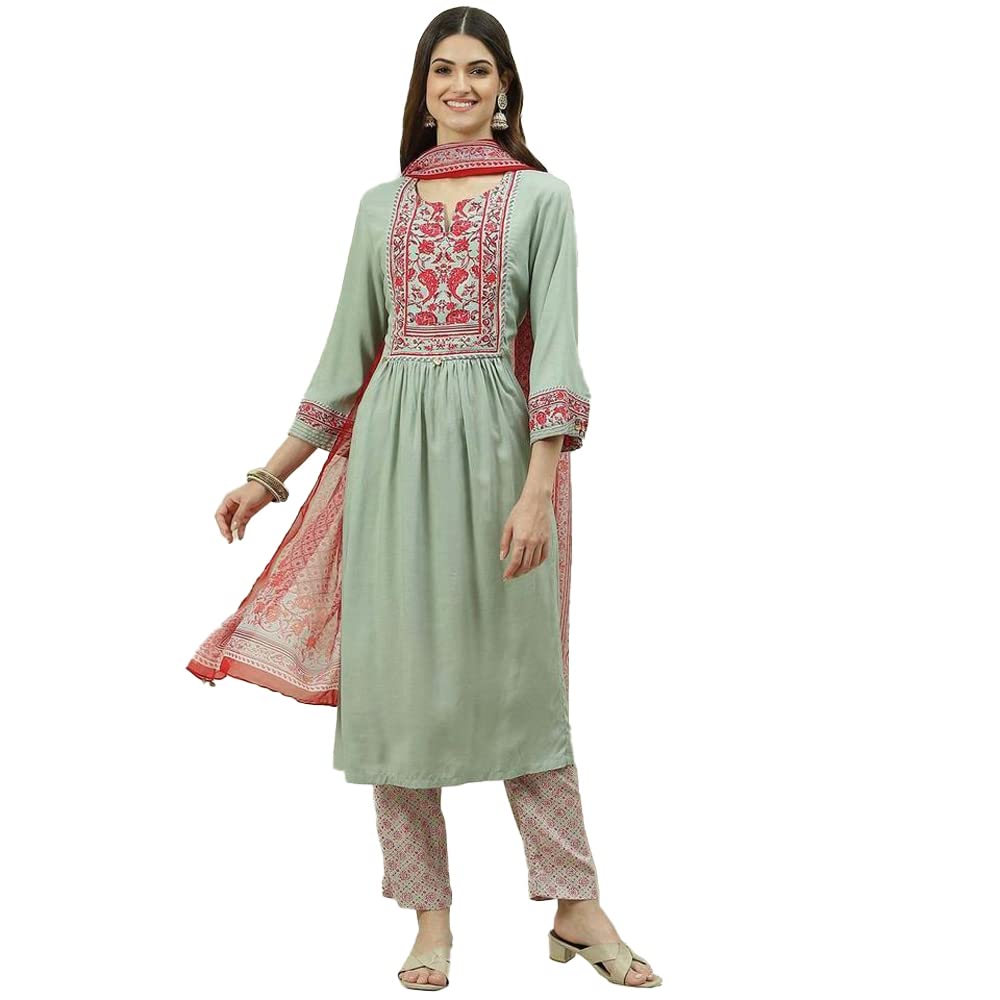 biba Women Rayon A-Line Kurta Slim Pant Suit Set-picture-18