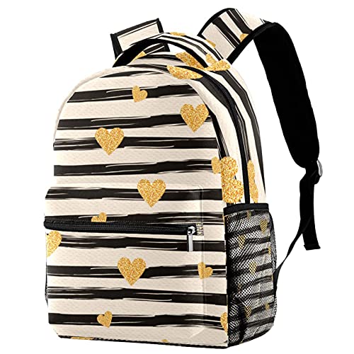 Sac à dos décontracté pour femme à rayures multicolores et cœurs dorés grand format
