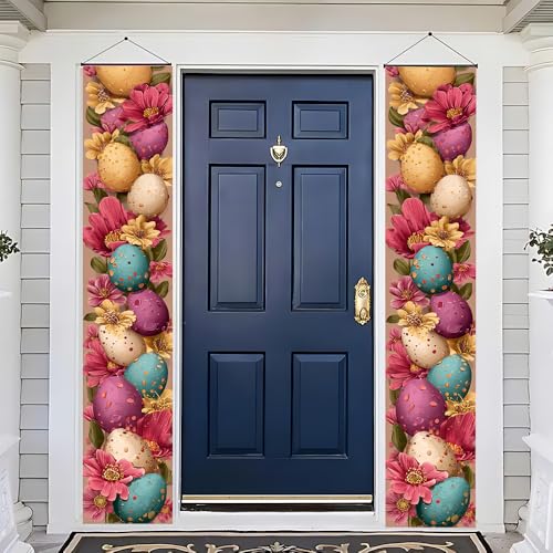 Image of Colorful Floral Easter Egg Banner 2 Pack Vertical 11.81 x 70.87 Inch Floral Egg Pattern Spring Easter Decorations Porch Garden Outdoor Event Display
