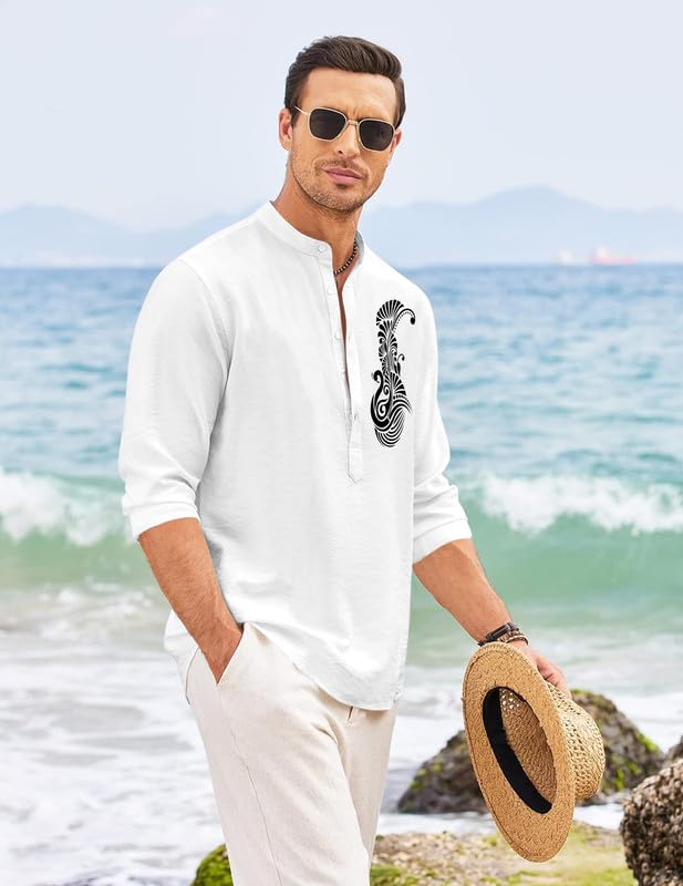 Image of FINIVO FASHION Men's Printed Cotton Blend Short Kurta with Artistic Chest Design | Stylish Full Sleeve Casual Kurta with Mandarin Collar for Daily, Travel Soft Textured