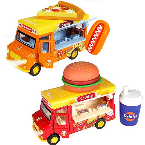 Ai-Fun Magnetic Induction Die Cast Food Truck Pull Back Car with Pretend Food Hamburger, Pizza, Drink, Hot Dog,Alloy Light and Sound Friction Car