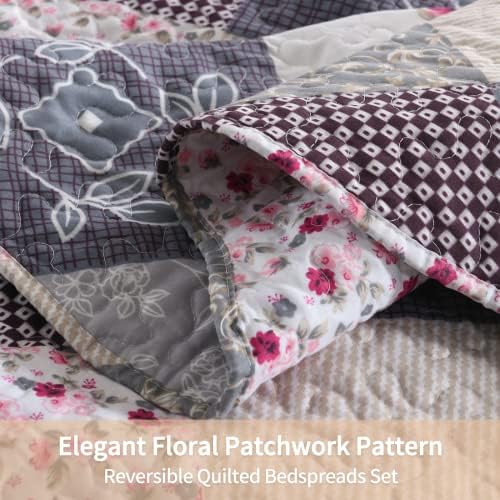 Qucover Bedspread Super King Size Lightweight Soft Microfiber Reversible Patchwork Quilted Bedspread, Elegant Rose Floral and Grey Checked Pattern Quilted Throws and Pillow Shames, 250x270 cm