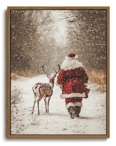 KISSFOX Vintage Christmas Santa Deer Framed Wall Art Snowy Forest Canvas Art Rustic Cottage Paintings Art Prints Modern Farmhouse Pictures Wall Decor For Kitchen Bedroom Living Room