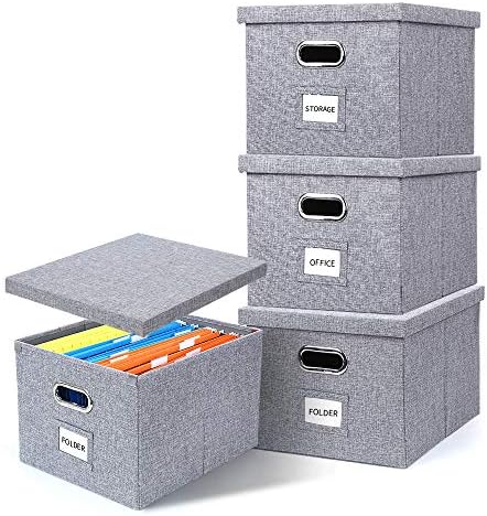 UL Source Upgraded Collapsible Hanging File Storage Boxes with Smooth Sliding Rail Large Capacity Filing Organizer Letter/Legal File Floder Storage, Office Box (Gray-4packs)