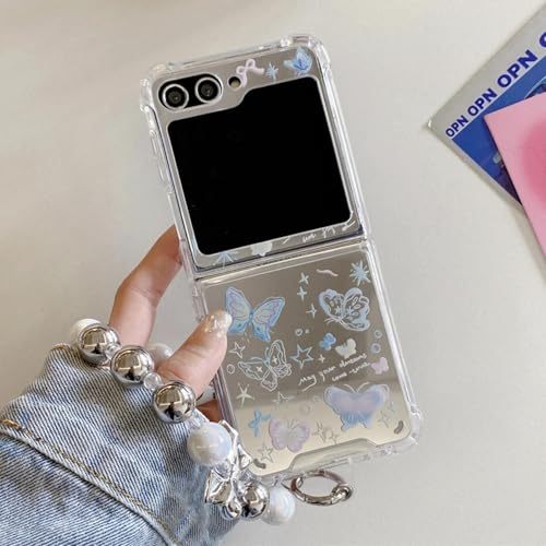 Coque Samsung Z Flip 4 avec chaîne poignet papillon et miroir intégré bleu
