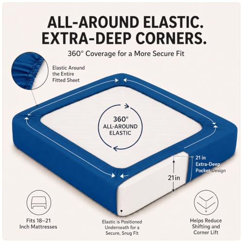 Image of CozyLux 6-Piece King Size Sheet Set, Fits 18-21 Inch Mattresses, Oeko-TEX | 4 Pillowcases, 1 Flat Sheet and 1 Fitted Sheet with All-Around Elastic and 21-Inch Deep Pocket for a Secure Fit, Classic Blue