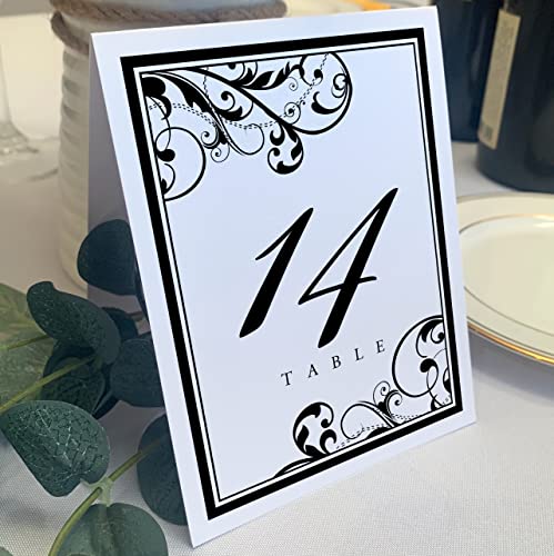 Scribble Vintage Swirl Wedding Table Numbers (Select Color/Quantity), White, Black, 1-10, Double Sided, Tent or Use in a Stand, Great for Parties & Restaurants
