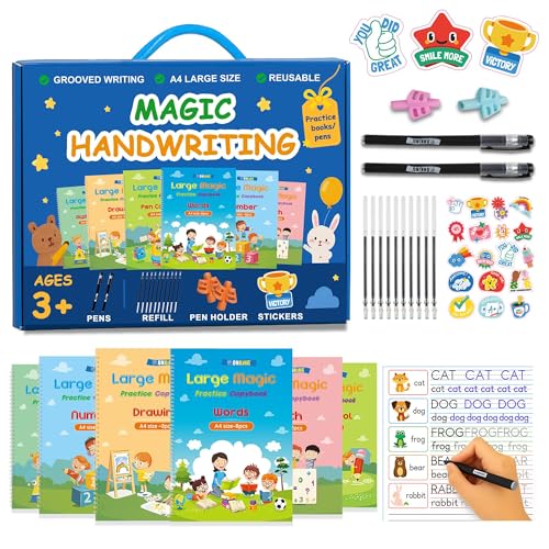 Large Magic Practice Copybook Set for Kids (A4) - 6 Pack with Pen Refill