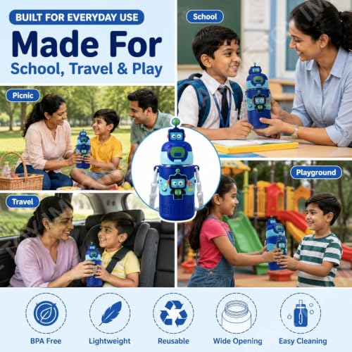 Image of Toy Imagine Kids Sipper Water Bottle for School with Strap, Hard Plastic BPA-Free Spill-Proof & Leak-Proof Water Bottle for Boys & Girls, Lightweight Travel-Friendly Bottle (520ml, Dark Blue)