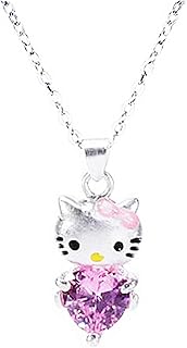 Hello Kitty Necklace,UUONLY Heart-shaped Kitty Cat Necklace-Pink Cat Pendant Necklace, Silver Plated Crystal Kitty Cat Pendant Necklace for Women, Birthday Gift for Hello Kitty Fans, 17.71 ", Stainless Steel, Cubic Zirconia