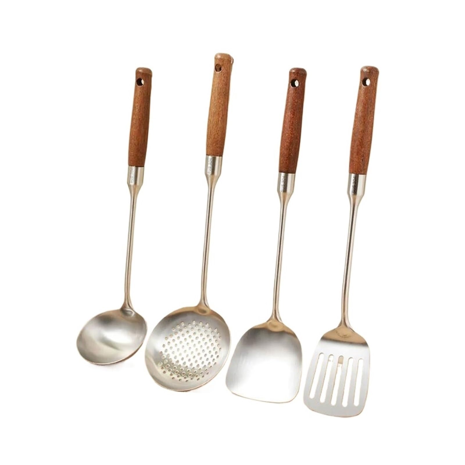 Löffel Küchenspatel aus Edelstahl 304 4-teiliges Set Küchenutensilien Drainagelöffel Gadget aus Holz