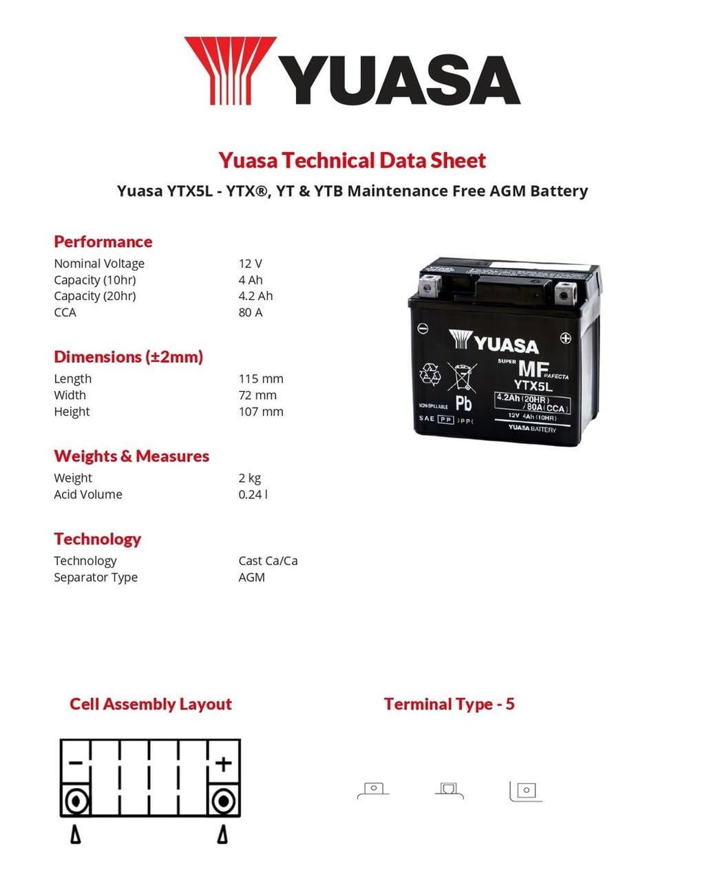 Yuasa batteria yuasa ytx5l precaricata sigillata batteria moto convenzionale 12 v capacità affidabile resistente vibrazioni