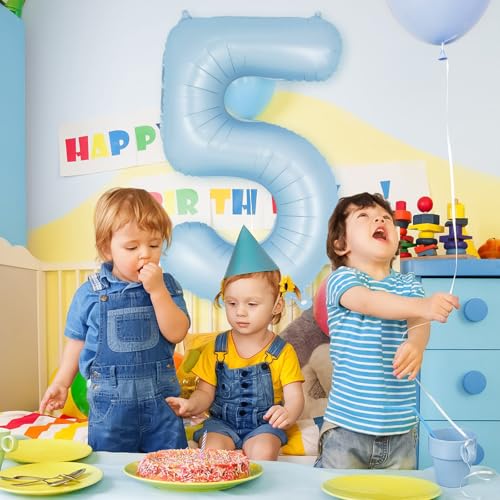 Image of Light Blue Number 5 Balloon, 40 Inch Big Large Foil Number Balloons, Giant Mylar Number 5 Balloons for 5 Year old Birthday Baby Party Decorations Supplies Anniversary