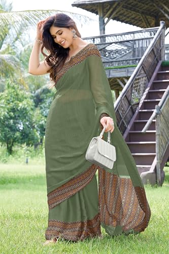 Image of MIRCHI FASHION Saree for Woman Chiffon Georgette Polka Dot Border | Plain Lightweight Women's Sari with Printed Pallu and Blouse Piece