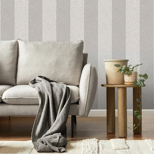 CROWN M1872 Harris Stripe Luxury Textured Wallpaper, Soft Grey, 52 x 1005 cm - Image 2