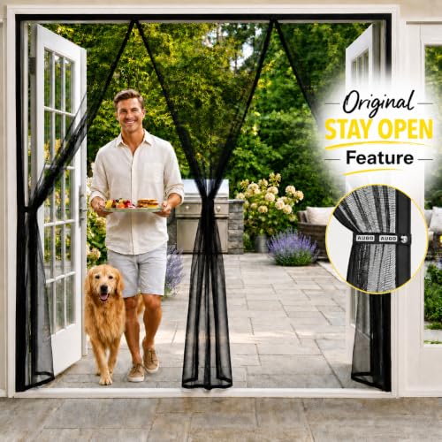 Image of AUGO French Door Magnetic Screen Door - Self Sealing, Heavy Duty, Hands Free Mesh Partition Keeps Bugs Out - Pet and Kid Friendly - Patent Pending Keep Open Feature - 74 Inch x 81 Inch