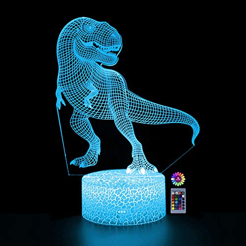 Dimmbare Dinosaurier-Nachtlicht, 3D-Illusion, Dinosaurier-Lampe für Kinder, 16 wechselbare Farben, 4 Blitzmodi, Fernbedienung mit 24 Tasten, LED-Acryl-Dekor-Lampe, sicher zu berühren Cover