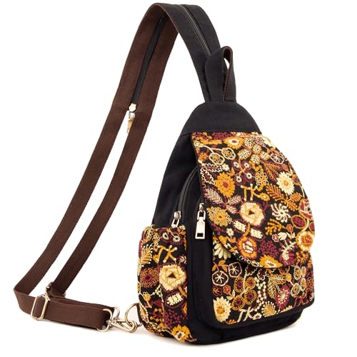 Image of SILKAREA Canvas Sling Backpack for Women Embroidered Travel Chest Bag Multi-purpose Backpack Purse Shoulder Bag (Embroidered Y)