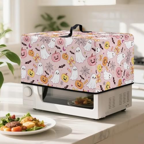 Image of Microwave Oven Dustproof Cover Machine Washable Convection Oven Cover Protector for Halloween Kitchen Party Decor, S, Cartoon Ghost Pumpkin Bat Print Pink