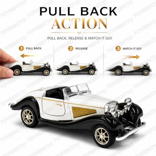 Image of 1:36 Scale Die-Cast Vintage Roadster Car Model, 13 cm Pull-Back Toy Car with Openable Doors, Rubber Tyres and Detailed Interior, Collectible Display Gift, White and Black