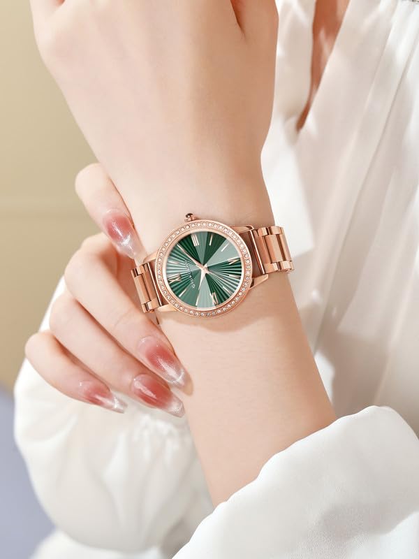 Image of Giordano Analog Watch for Women with Sunray Round Dial, Crystal Studded Bezel, Roman Numerals Markers, Quartz Movement and Rose Gold Stainless Steel Strap - GZ-60118