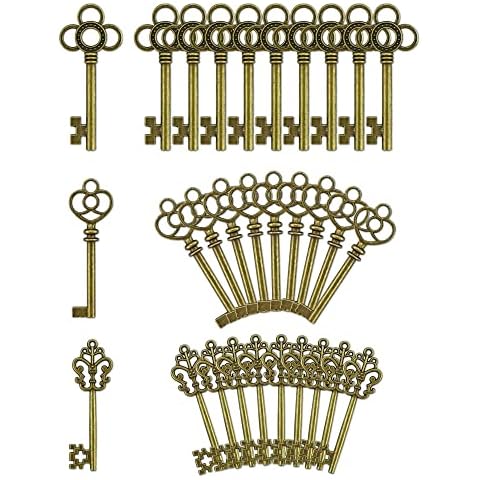 JIALEEY 3 Type of 30 PCS Vintage Large Skeleton Key Set Charms, Mixed Antique Style Bronze Brass Key Set Charms for Pendant DIY Jewelry Making Wedding Party Favors Cover