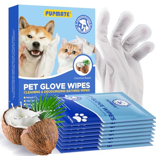 Image of Pet Cleaning Glove Wipes for Dogs & Cats, Hypoallergenic Deodorizing Disposable No-Rinse Grooming Wipes, Wipes, Perfect for Pet Dry Cleaning, Daily Care and Travel, Coconut Scent, 8 pcs