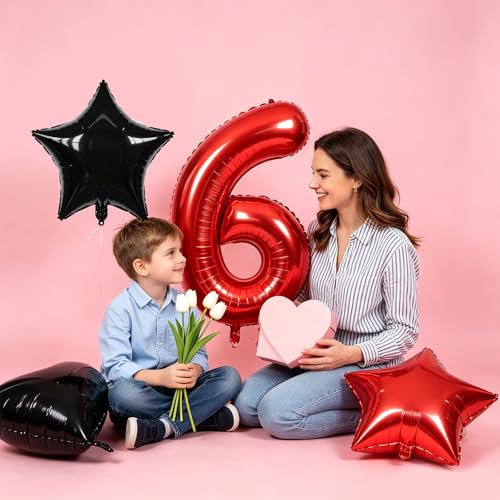 Image of TONIFUL 6th Birthday Balloons Kit 40 Inch Red Large Number 6 Foil Balloon