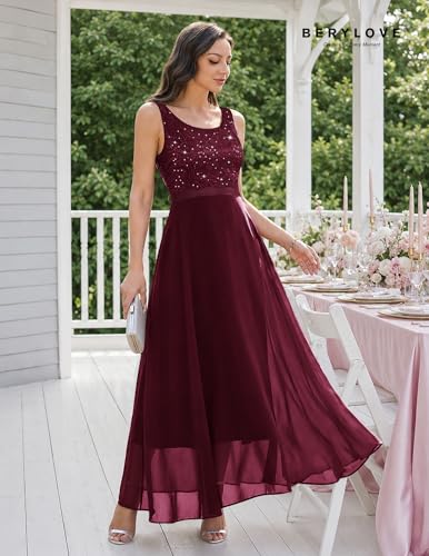 Image of BeryLove Sequin Dress for Woman Vintage A Line Wedding Formal Swing Mesh Dress Sleeveless Cocktail Maxi Gowns