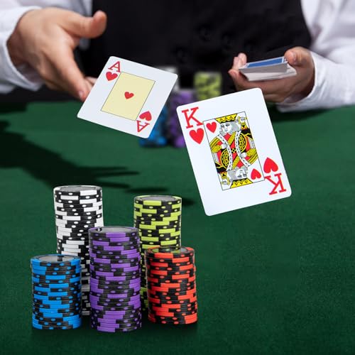 HOMASIS Pokerset mit 300 Laser-Chips, Poker Koffer mit 2 Kartendecks, 5 Würfeln, 3 Dealer Button, abschließbar Pokerkoffer aus Alu mit 2 Schlüsseln, Poker Komplett Set für Partys, Kasino (300 Chips) – Bild 3