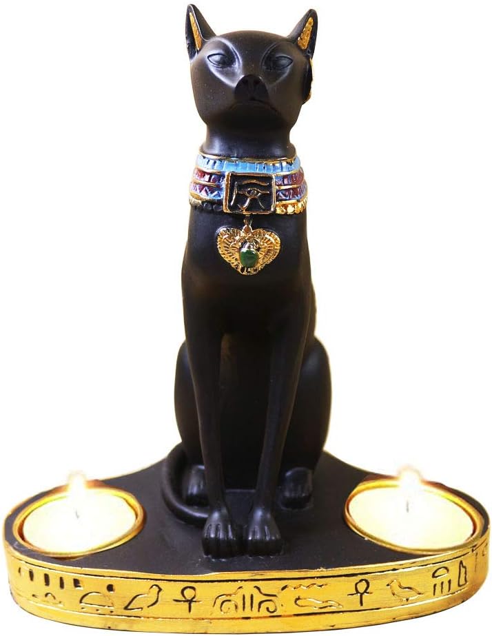 KiaoTime Ancient Egypt Egyptian Bastet Cat Goddess Statue Collectible Figurine Bastet Cat Sculpture with 2 Tea Light Candle Holder (Cat Statue with Candle Holder)