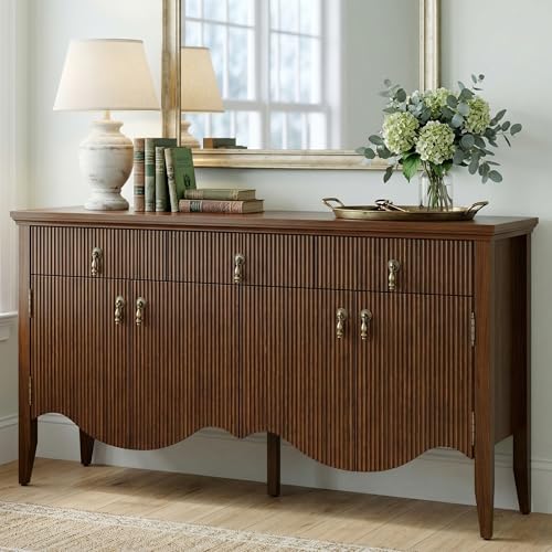 Image of FUSUNBAO 57 inch Fluted Sideboard Buffet,Retro Storage Cabinet, Walnut | 3 Drawers and 4 Doors, Vintage Fluted with Scalloped Base, Organic Modern Accent Cabinet, For Dining Room