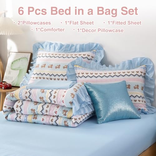 Image of A Nice Night Blue Ruffle 6 Pcs Boho Comforter Set,Queen