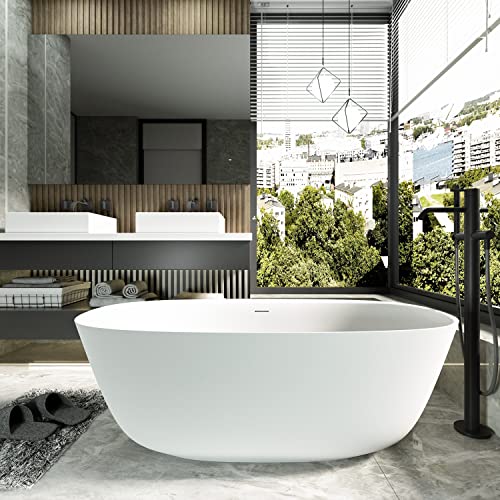 Cpingao (63"Lx31.5"Wx22"T) Stone Resin Solid Surface Freestanding Bathtub, Modern Elegant Design Soaking Stand Alone Tub, Matte White, Chrome Drain And Overflow Included 8823A #TOP5