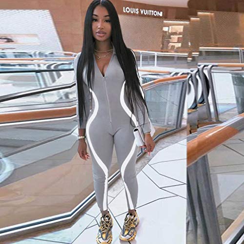 iYBUIA Women Yoga Fitness Motion Workout Reflective Patchwork Long Sleeve Tight Jumpsuit Zipper Slim S-L Gray - Thumbnail 7
