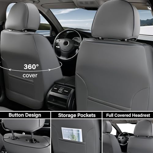 Image of Coverado Car Seat Covers Full Set, Gray Seat Covers for Cars, Waterproof Nappa Leather Automotive Seat Covers with Lumbar Head Pillow, Car Seat Protectors, Universal Fit for Most Cars SUV