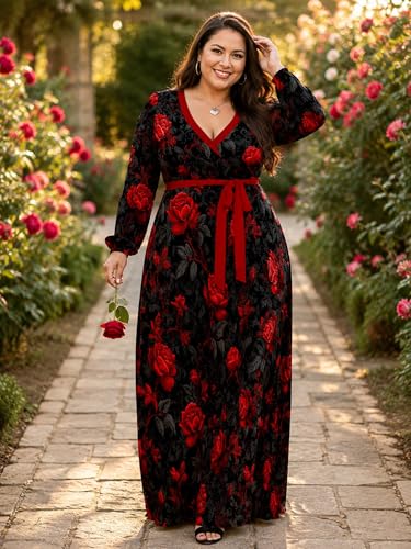 Image of PinkPatty Women's Long Sleeve Maxi Dress Plus Size Trendy Wedding Guest Dress with Pockets&Belt